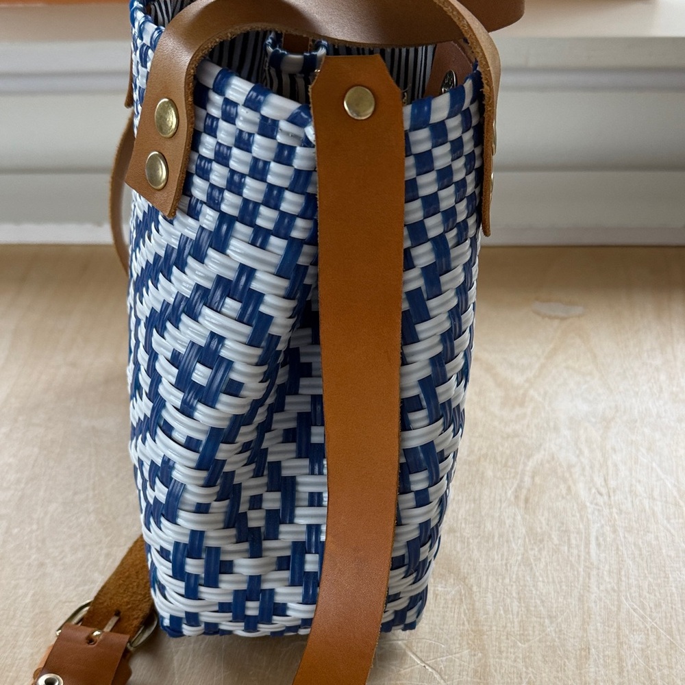 Elegant Blue and White Woven Tote with Tan Leather Straps - Picture 2 of 13